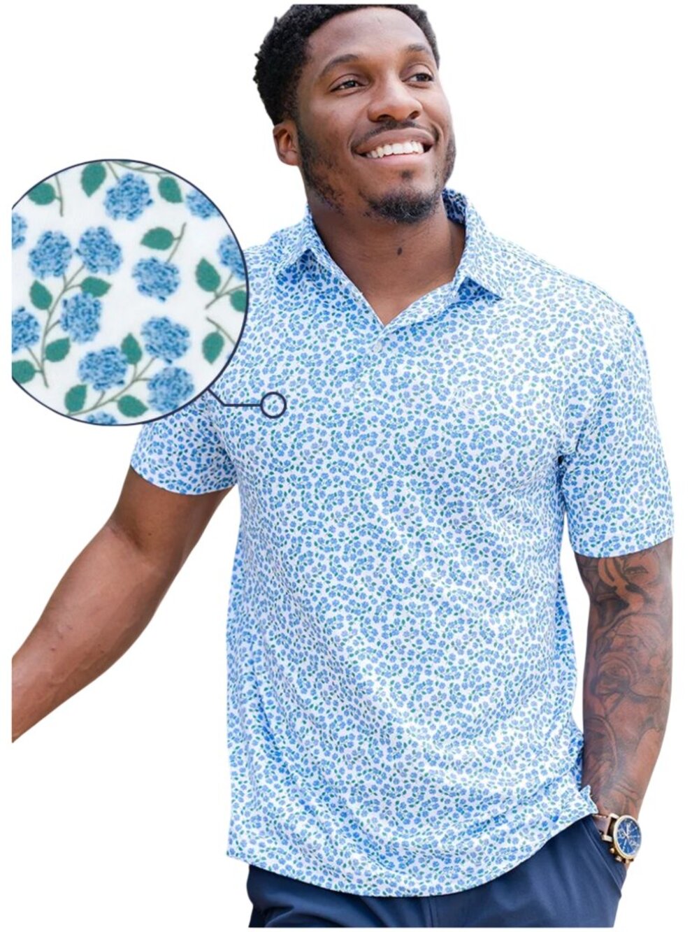 Rhoback men's The Hydrangea Polo Shirt size XL floral print white blue golf